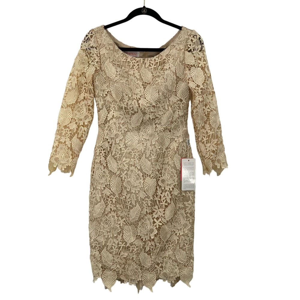 NWT JJ's House Women's 3/4 Sleeve Lined Lace Dress Champagne Size 6 Wedding